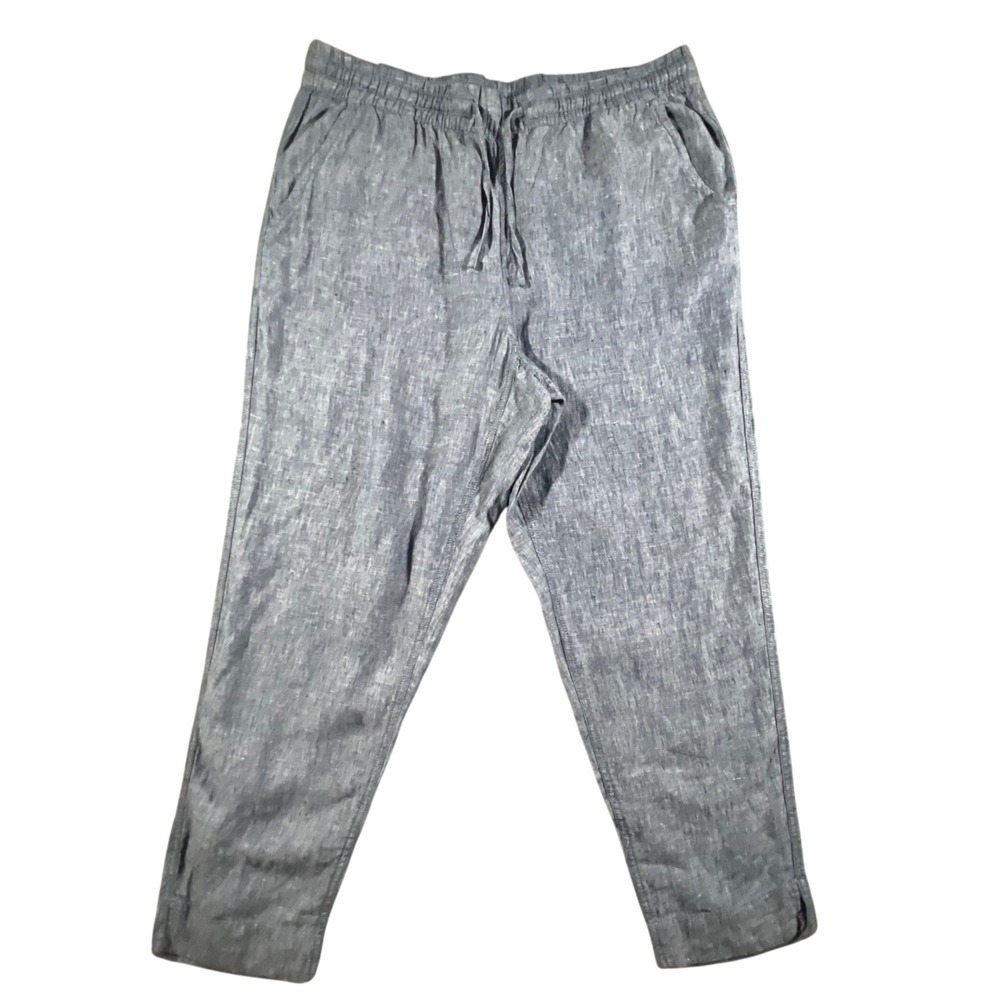 L.L.Bean Premium Linen Breezy Pull-On Ankle Pants Womens 14 Blue Mid-Rise New
